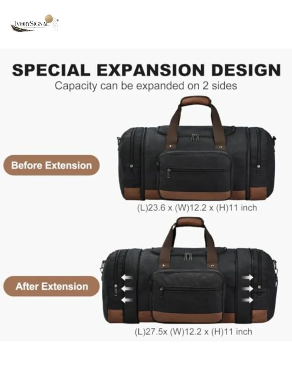 60L Canvas Duffle Bag Expandable Weekender Travel Gym Overnight Carry-On